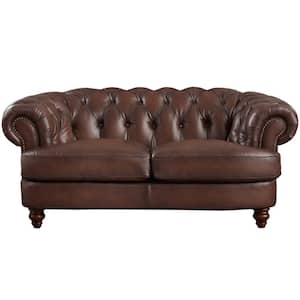Newport 72.5 in. Caramel Brown Solid 100% Leather 2-Seats Loveseats with Removable Cushion