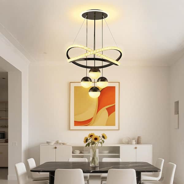 16 in. Black Geometric LED Chandelier Adjustable Height Dimmable 3-Color Ceiling Light with Acrylic Shades