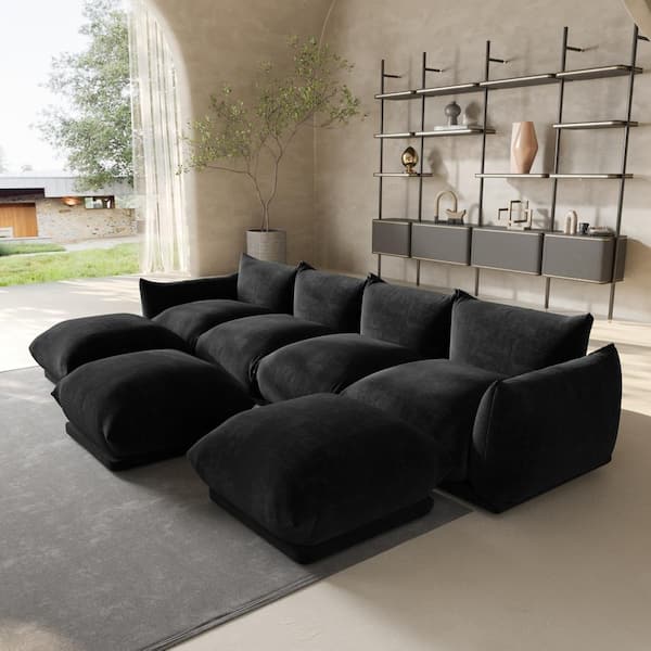 Modern 131 in. Flared Arm 7-Piece Chenille 4 Seater Modular Convertible Couch Sectional Sofa with 3 Ottomans in. Black
