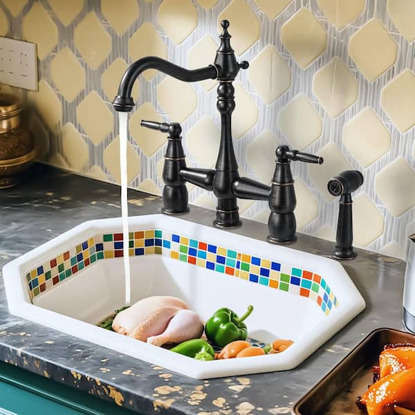 Double Handle Brass Vintage Bridge Kitchen Sink Faucet with Side Sprayer and Supply Lines in Oil Rubbed Bronze