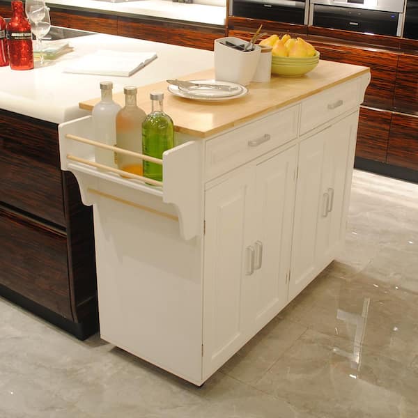 Unbranded White Rubber Wood Kitchen Cart with Adjustable Shelf