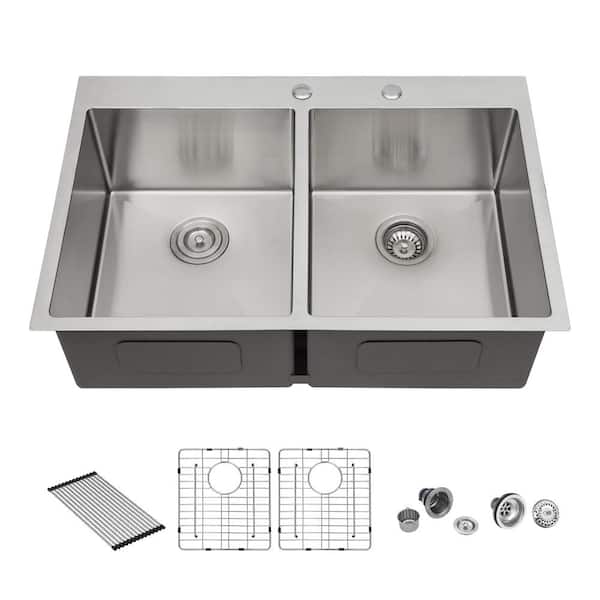 33 in. Drop-In Topmount Double Bowl 16-Gauge Brushed Nickel Stainless Steel 50/50 R10 Kitchen Sink with Bottom Grids