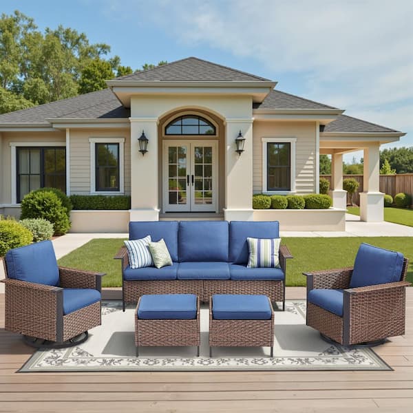 5-Piece Brown Wicker Patio Conversation Set with Glider Chairs, Outdoor Couch Seating Set with Blue Cushions