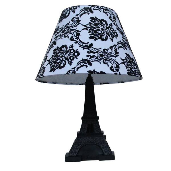 Simple Designs 16 in. Black Eiffel Tower Table Lamp with Damask Printed Fabric Shade