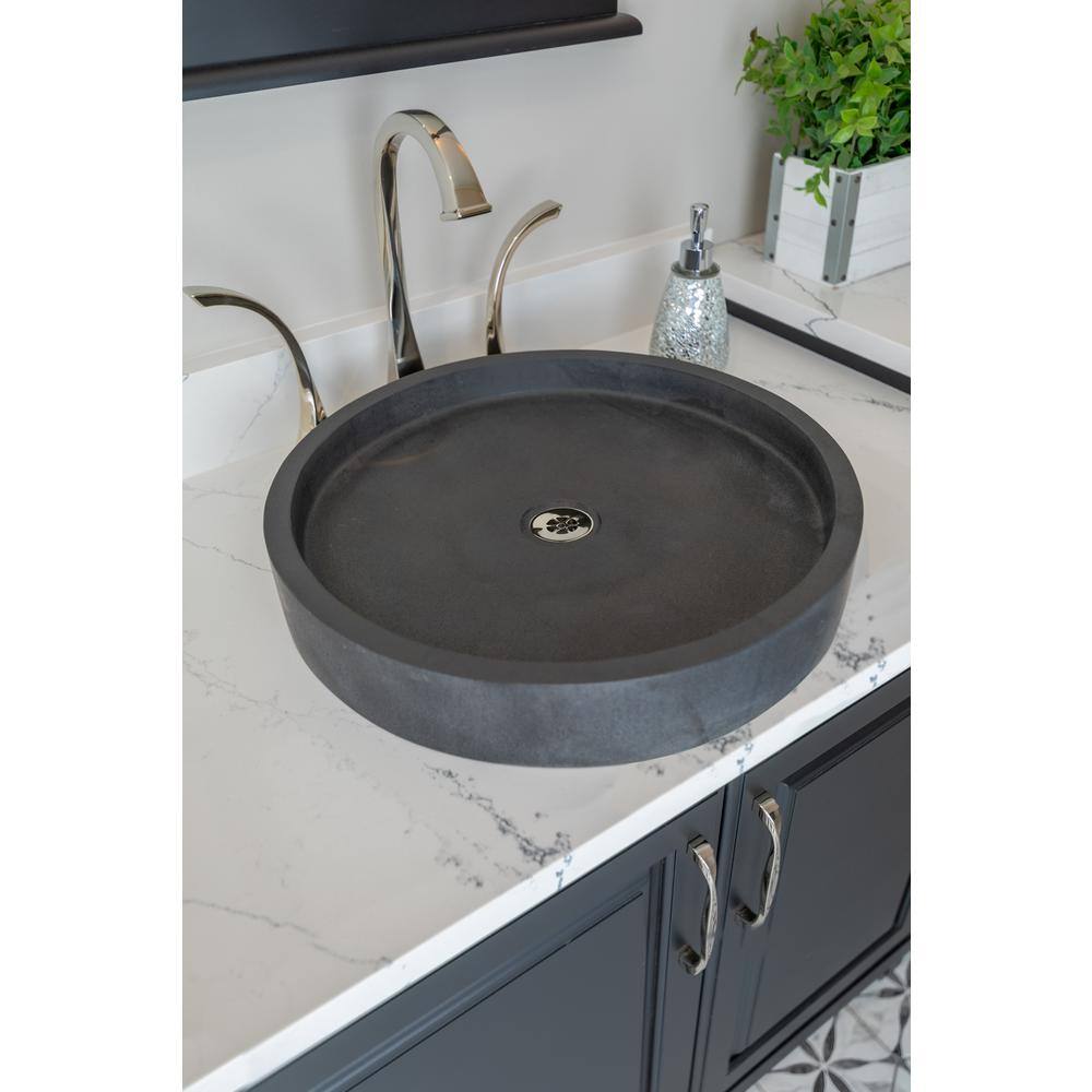 Sleek Honed Black Lava Stone 18'' Circular Vessel Bathroom Sink