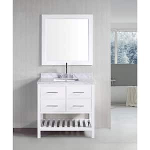 London 36 in. W x 22 in. D Vanity in White with Marble Vanity Top in Carrera White with White Basin and Mirror