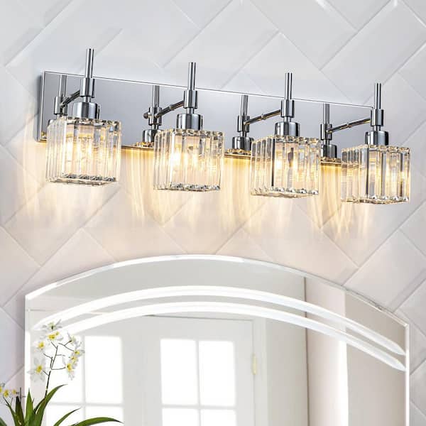 EDISLIVE Orillia 26.4 in. 4-Light Chrome Crystal Bathroom Vanity Light with Shades for Bathroom Powder Room Kitchen