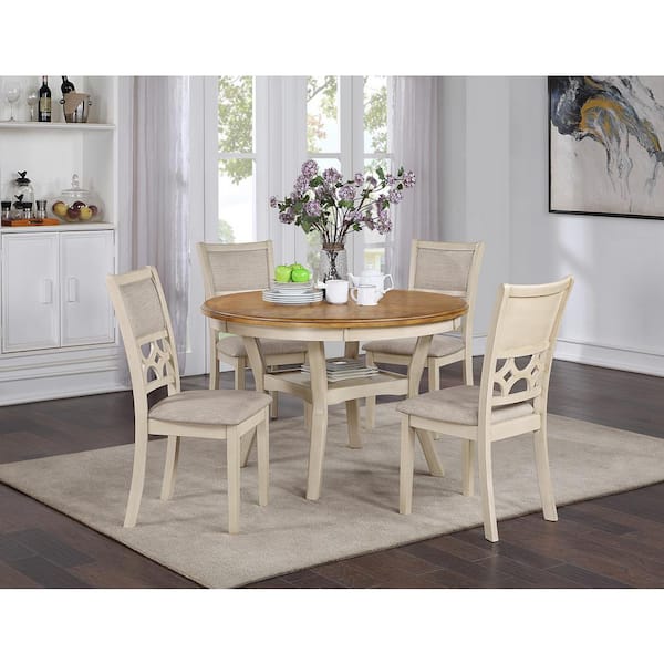 NEW CLASSIC HOME FURNISHINGS New Classic Furniture Mitchell 5-piece Wood Top Round Dining Set with 1 Table Shelf, Bisque/Brown