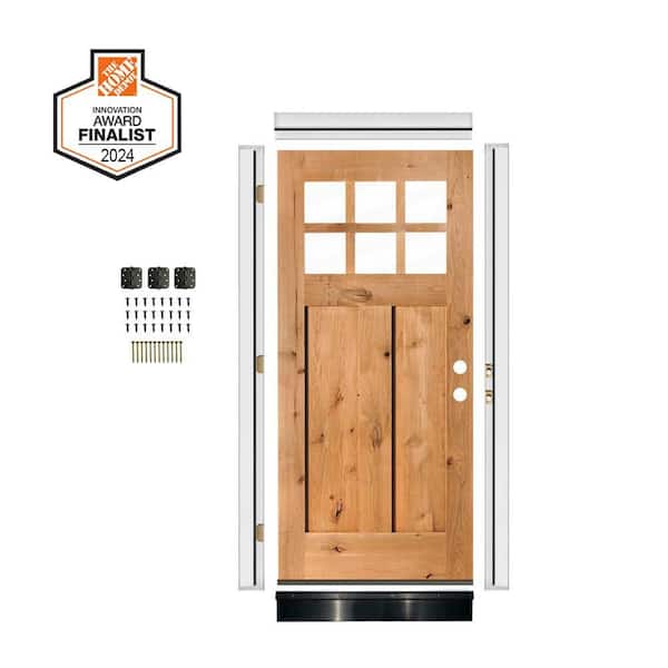 DIY 36 in. x 80 in. Knotty Alder Left-Hand 6 Lite Clear Glass Clear Stain Wood Front Door Kit w/ Quick Assemble Jamb