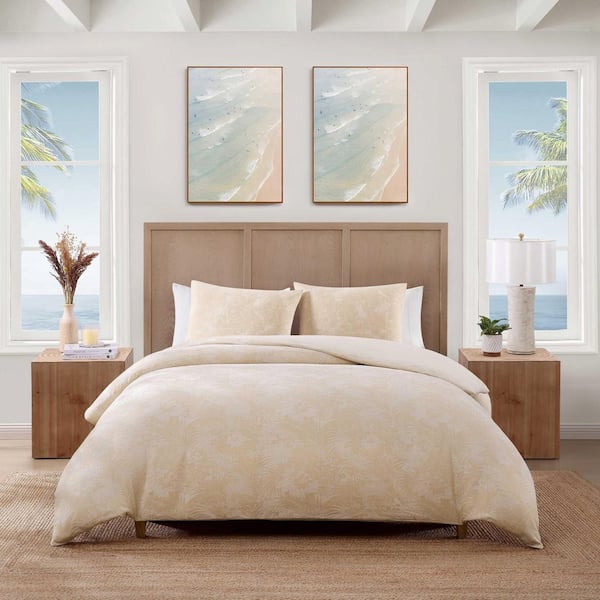 Beachside Blooms Soft Beige Cotton Sateen Jacquard Full/Queen 3-Piece Duvet Cover Set