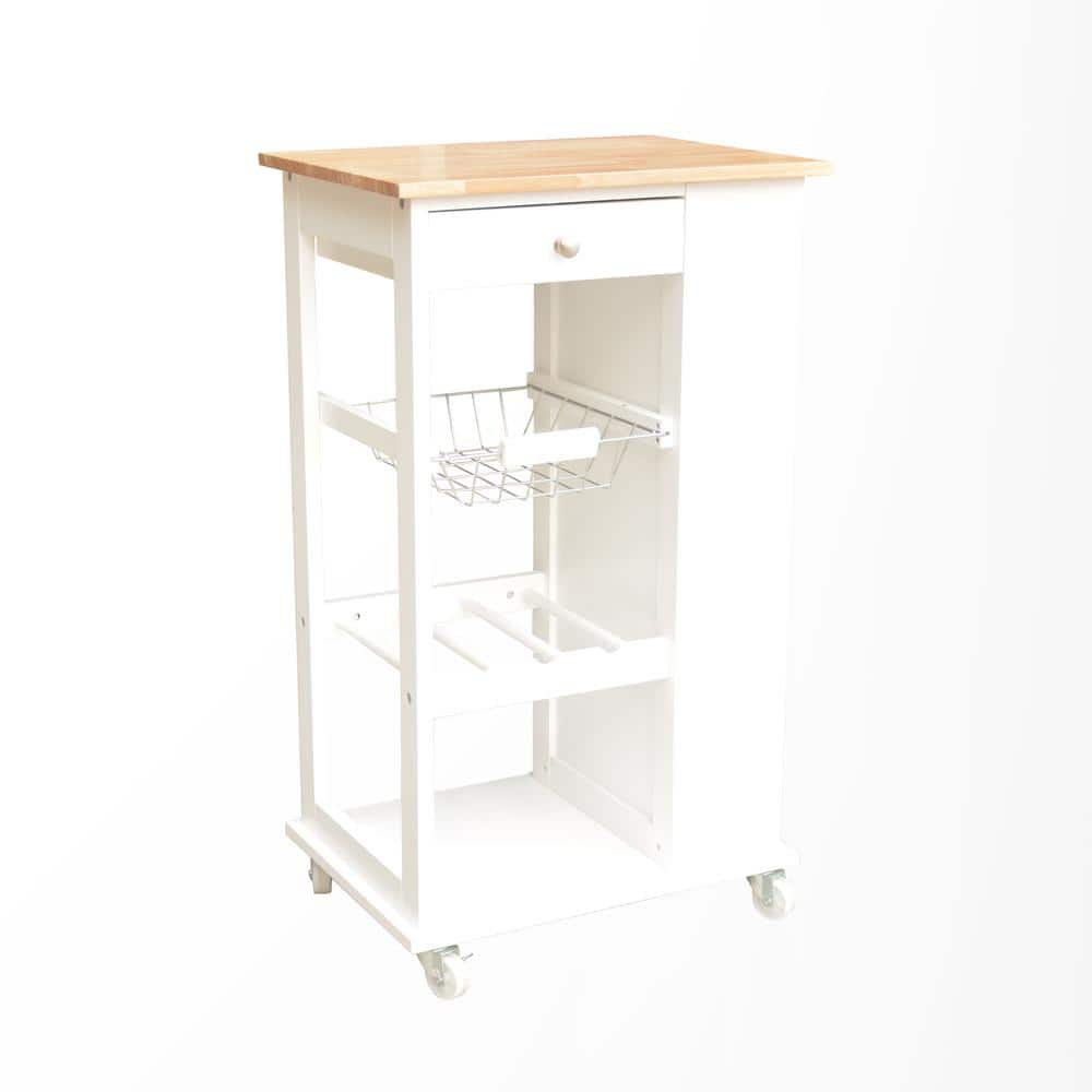 White MDF Small Kitchen Island with Drawer, Storage Shelves and Wine R