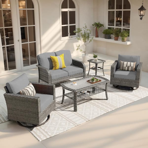 weaxty W Rocking Hyacinth Gray 4-Piece Wicker Patio Outdoor Conversation Seating Set with a Coffee Table and Light Gray Cushions