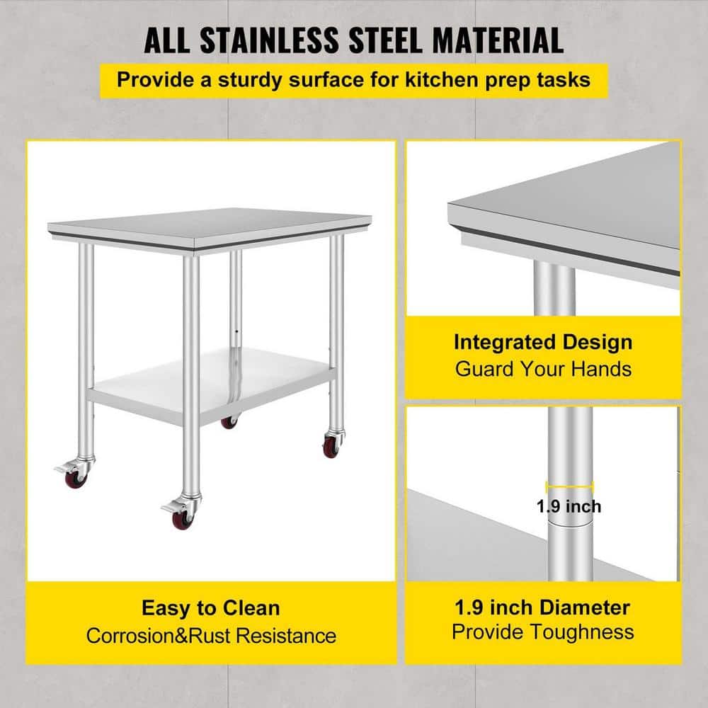 36-Inch Stainless Steel Kitchen Prep Table with Undershelf and Casters