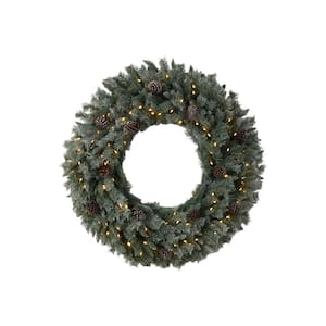 48 in. Prelit LED Large Flocked Artificial Christmas Wreath with Pinecones, 150 Clear LED Lights