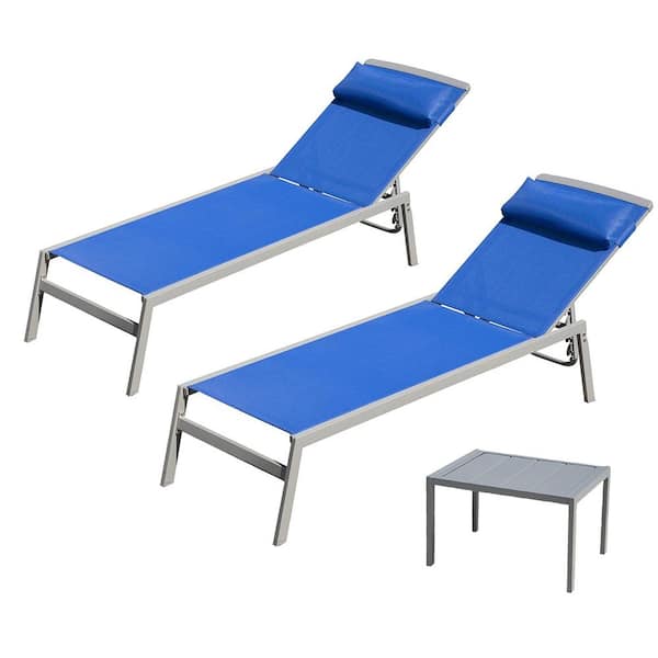GAWEZA Set of 3 Aluminum Adjustable Outdoor Chaise Lounge in Blue Seat with Steel Side Table and Headrest Sunbathing Lounger