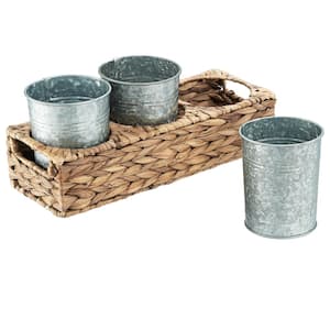 Garden Terrace Flatware Caddy 13.75x5.x5.5, Water Hyacinth and 3 Galvanized Cups