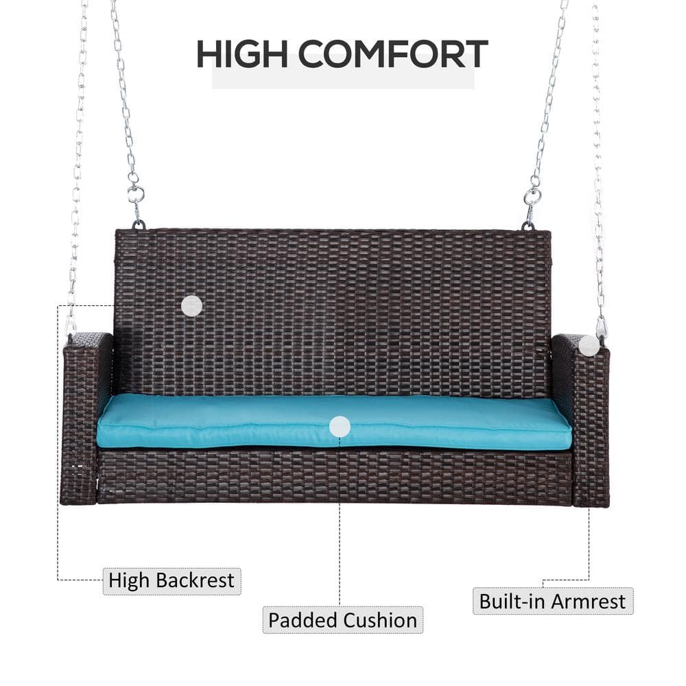 Sky Blue Cushioned 2-Person Wicker Hanging Porch Swing Bench