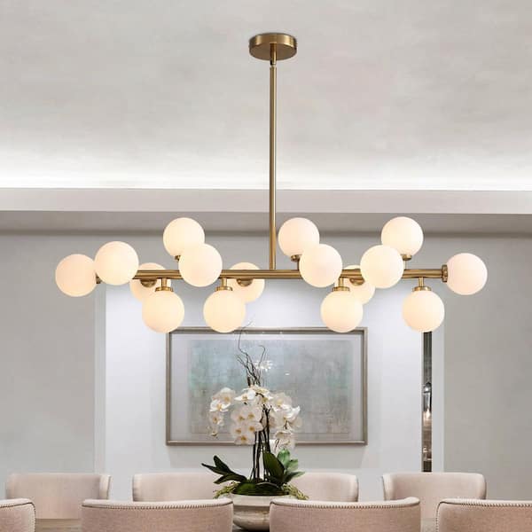 40 in. 16-Light Integrated LED Milky Gold Glass Globe Chandelier for Dining Room and Living Room