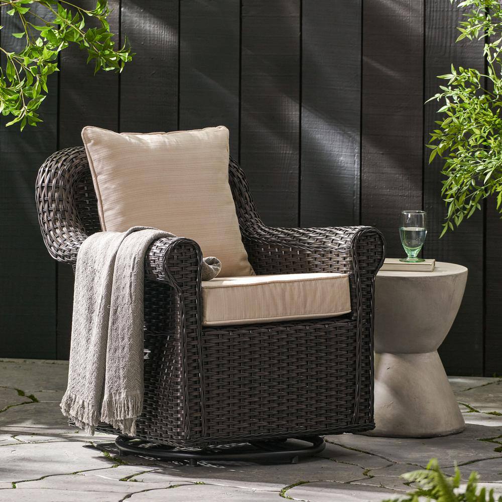 Dark Brown Swivel Faux Rattan Outdoor Patio Lounge Chair with Beige Cushion