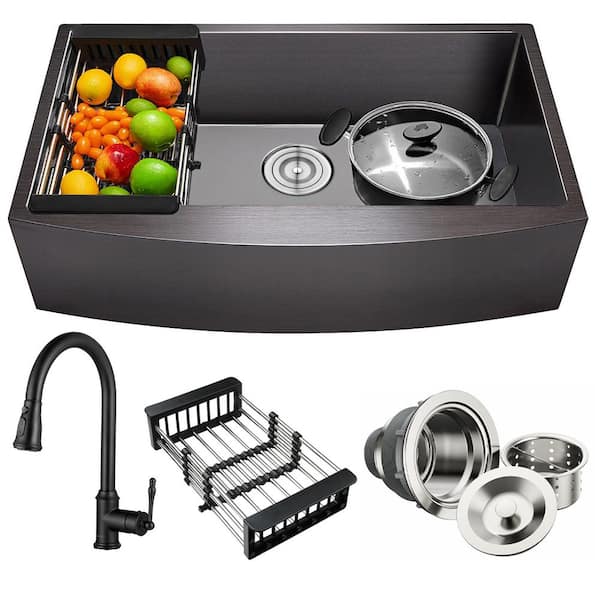 All-in-One Matte Black Finished Stainless Steel 33 in. x 20 in. Farmhouse Apron Mount Kitchen Sink with Pull-down Faucet