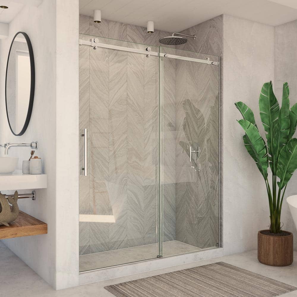 Polished Stainless Steel Frameless Sliding Shower Door with Clear Tempered Glass