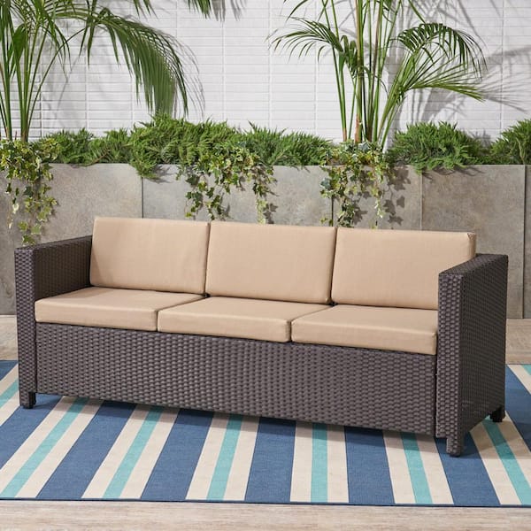 Tenleaf 3-Seater Black Brown Wicker Outdoor Sofa Patio Couch with Brown Cushions