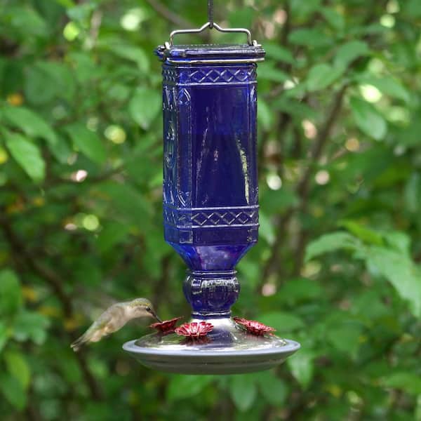 Glass Hummingbird Feeder Blue Antique Bottle Decorative 38 oz Capacity 