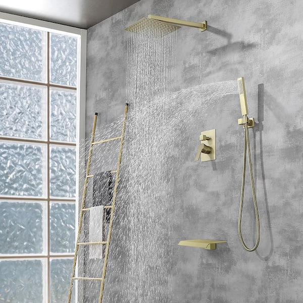 1-Spray Patterns with 2 GPM 10 in. Wall Mounted Shower Head and Handheld Shower Mount Dual Shower Heads in Gold