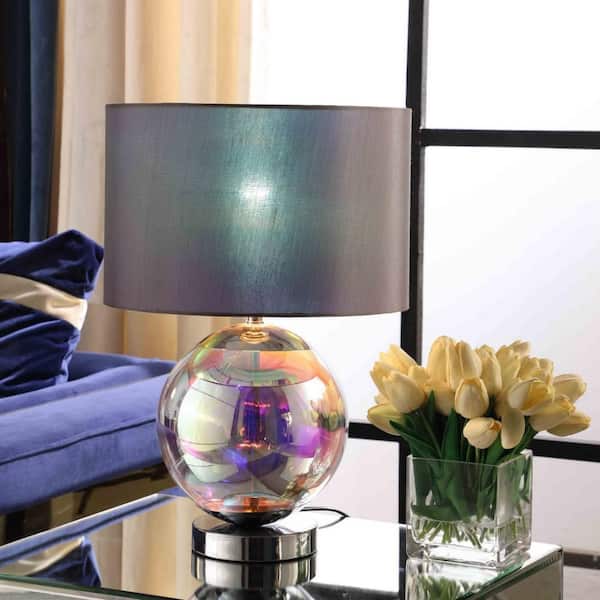 18 in. Black Iridescent Orb Table Lamp with Gray Drum Shade, Modern Statement Lighting for Living Room and Bedroom Decor