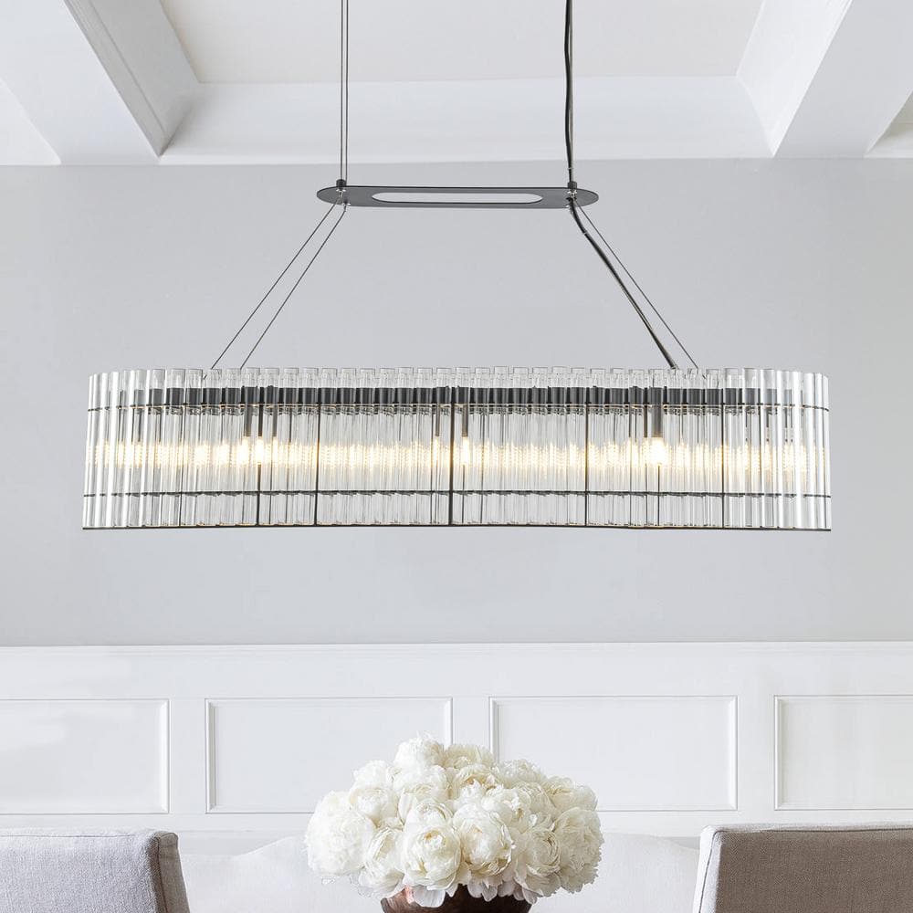 8-Light 39 Modern Linear Rectangle Chandelier with 2 Tiered Glass Rods in