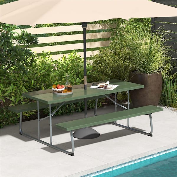 72 in. Green Rectangle Metal Picnic Tables Seats 8 with Umbrella Hole