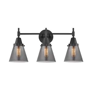 Cone 24.25 in. 3-Light Matte Black, Plated Smoke Vanity Light with Black Glass Shade