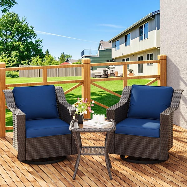 3-Piece Stylish Wicker Patio Swivel Chair Outdoor Rocking Chair Set with Thick Blue Cushions and Table