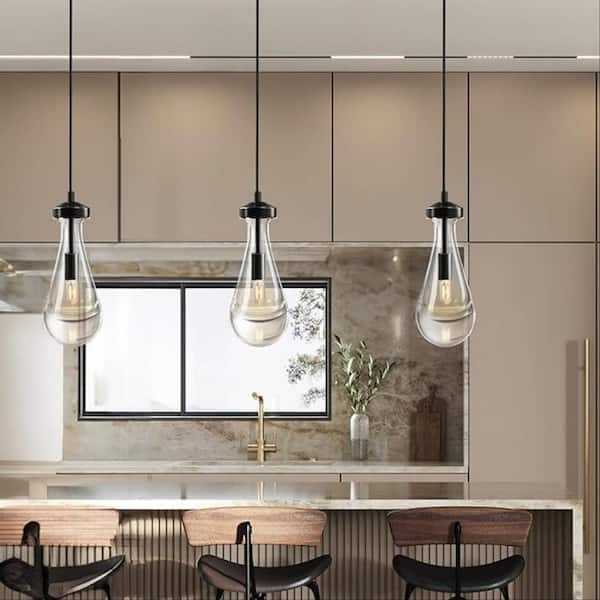 1 Light Black Pendant Light with Handblown Glass Shade and Rod, Brushed Brass Finish Hanging Light Fixture