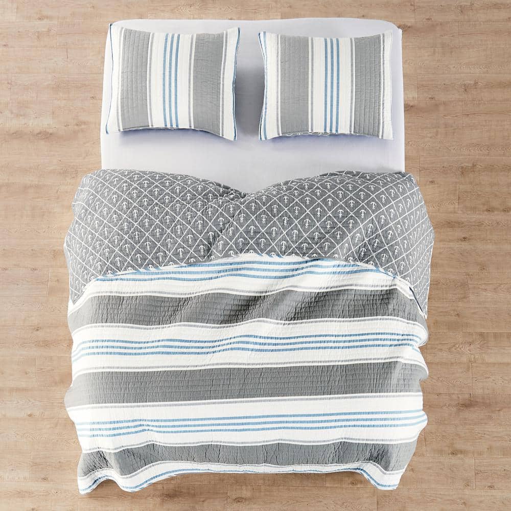 Provincetown Twin Gray and Blue Cotton Reversible Quilt