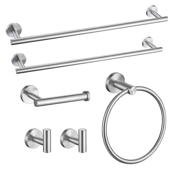 6-Piece Bath Hardware Set with Towel Bar Towel Hook Toilet Paper Holder and Towel Ring Wall Mount in Brushed Nickel