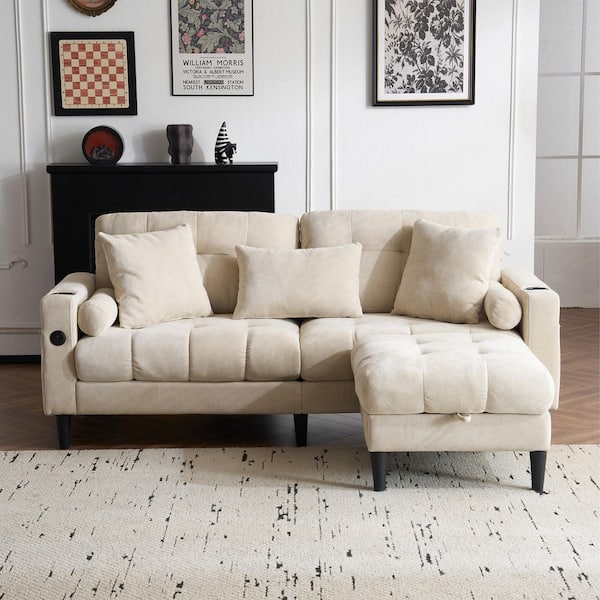 Modern 77.2 in. W Beige Chenille 2-Seater Loveseat with Ottoman and Charging Station