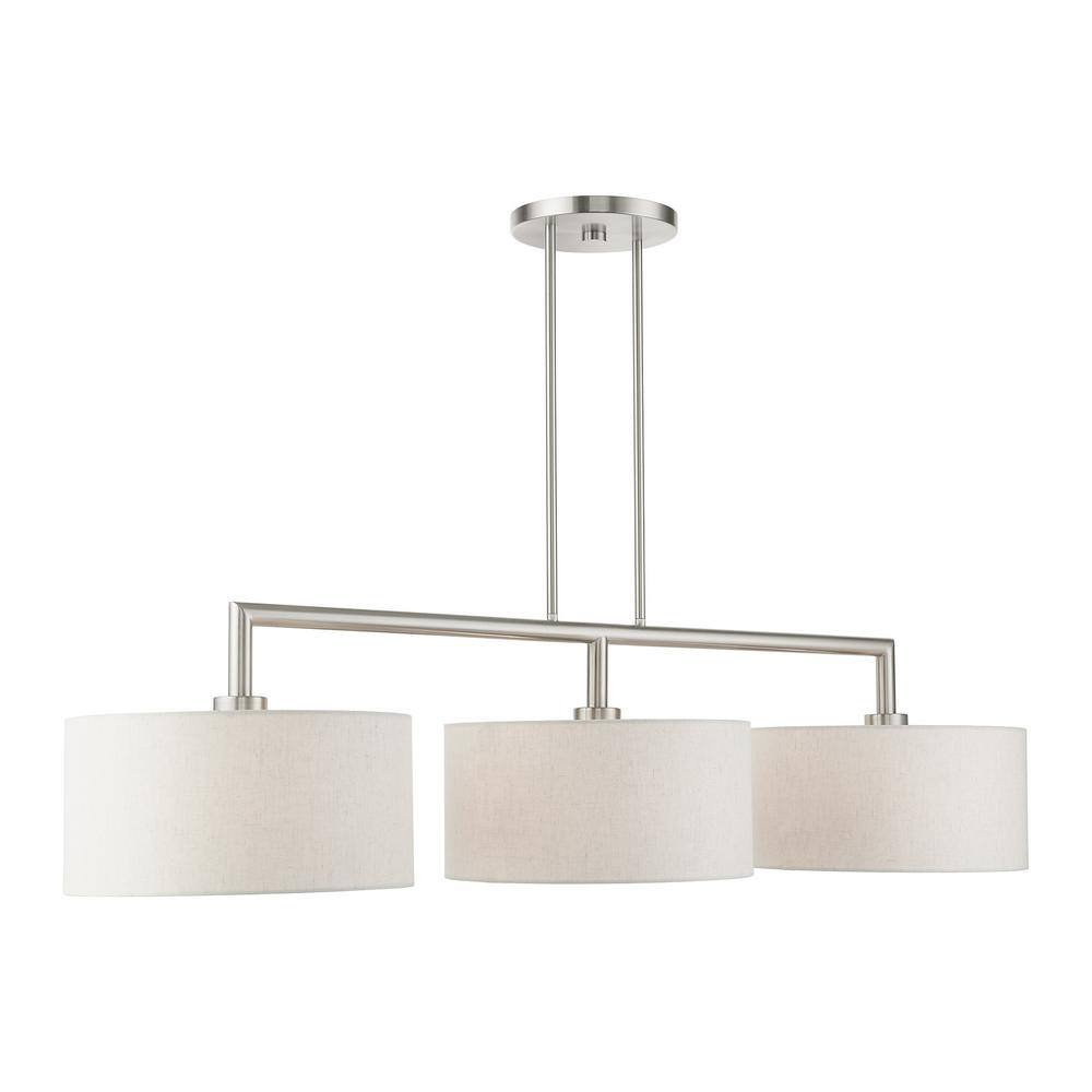 Meridian Brushed Nickel 3-Light Linear Chandelier with Oatmeal Shades
