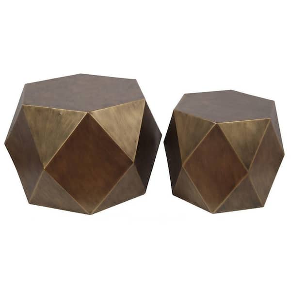 Benjara 23.5 Inch Gold Hexagonal Top Metal Faceted Coffee Table (Set of 2)