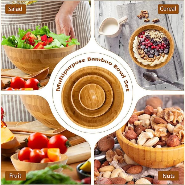 Large Solid Bamboo Wooden Bowl With Servers Salad Bowl Set For Salads  Desserts Soups - Temu