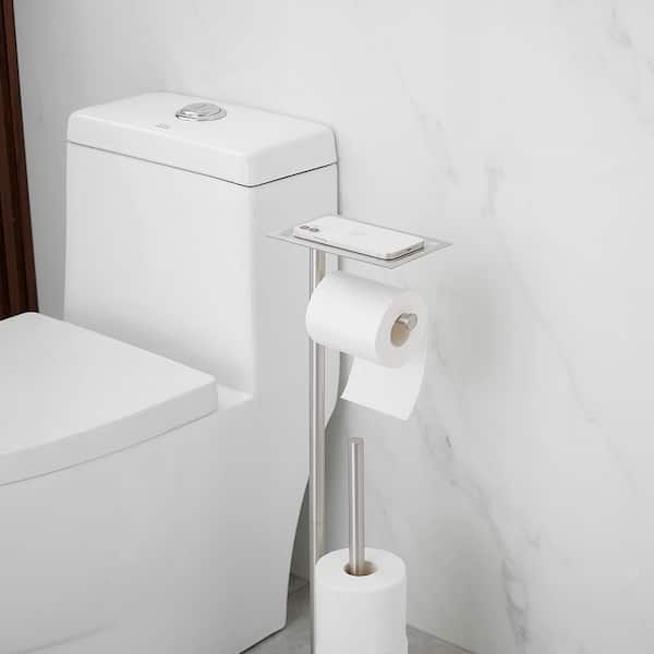 Freestanding Toilet Paper Holder with Shelf in Brushed Nickel