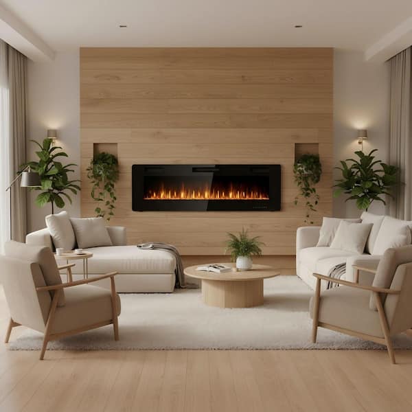 60 in. Wall Mount / Recessed Ultra Thin Electric Fireplace Heater in Black with Remote and Glass Appearance