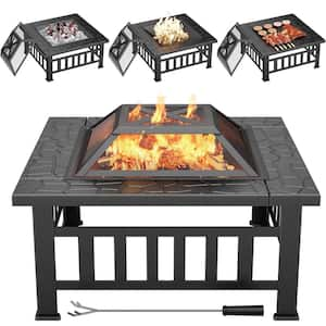 32 in. Outdoor Metal Matte Black Fire Pit with Cover and Poker