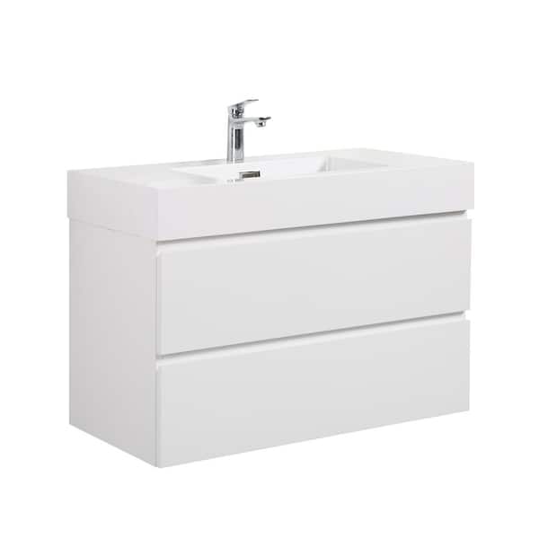 36 in. Single Sink Floating White Bath Vanity with White Ceramic Top (Assembled), DTC Soft-closing Drawers