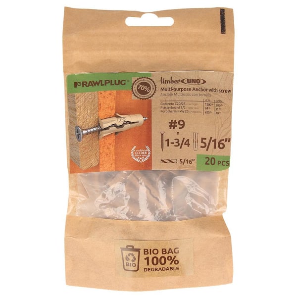 Uno TIMBER Multi-Purpose Drywall Anchors 5/16 with Screws #9x1-3/4 20 lbs. (Bio Pack of 20)