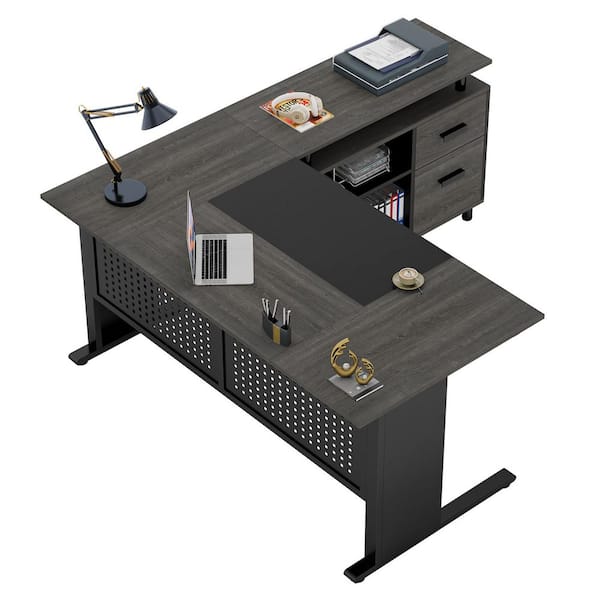 63 in. Gray L Shaped Computer Desk with Drawers and Storage Shelves, Executive Desk with File Cabinet for Home Office