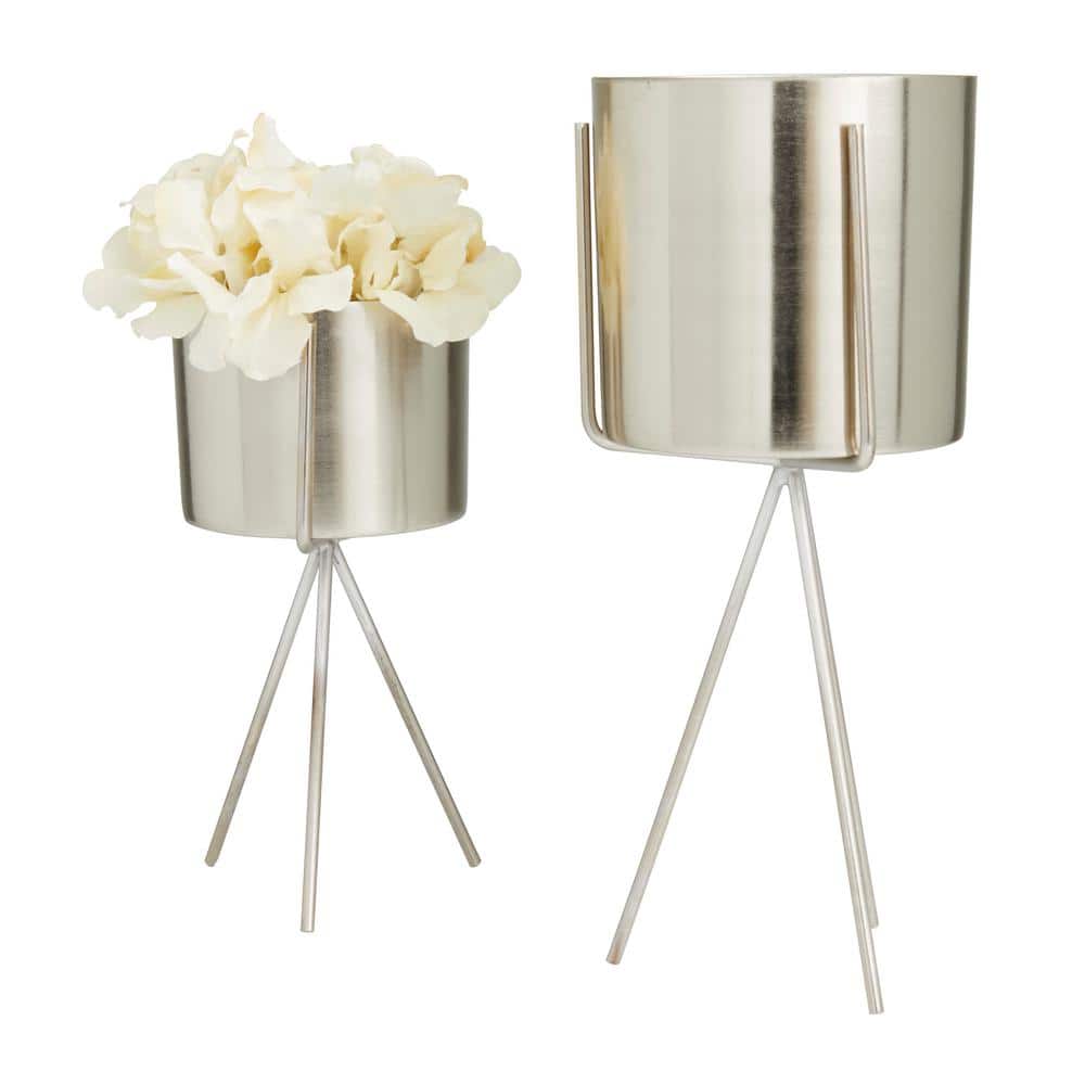 Silver Contemporary Round Metal Planter with Stand, 12" Height