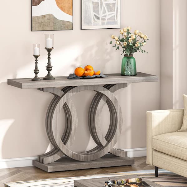 Turrella 55 in. Rectangle Wooden Console Table, Grey Farmhouse Console Table with Unique Base