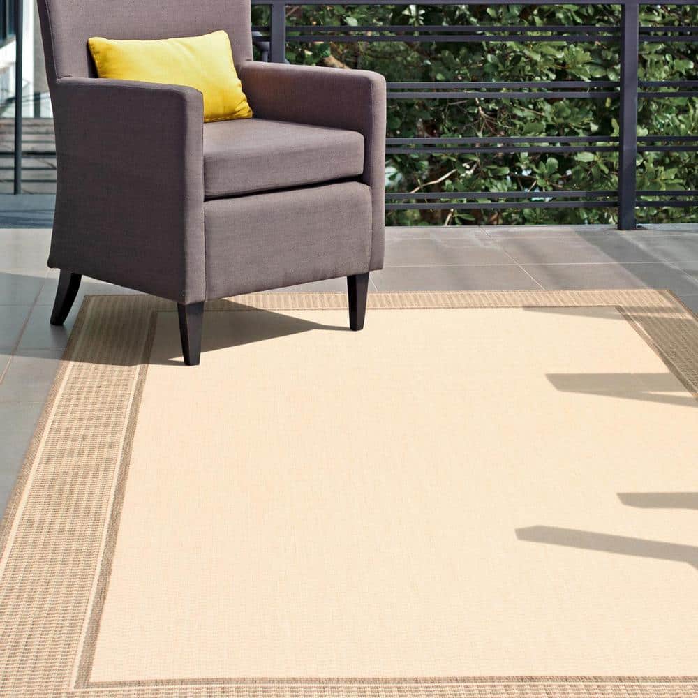 Beige Rectangular Synthetic Reversible Indoor/Outdoor Area Rug