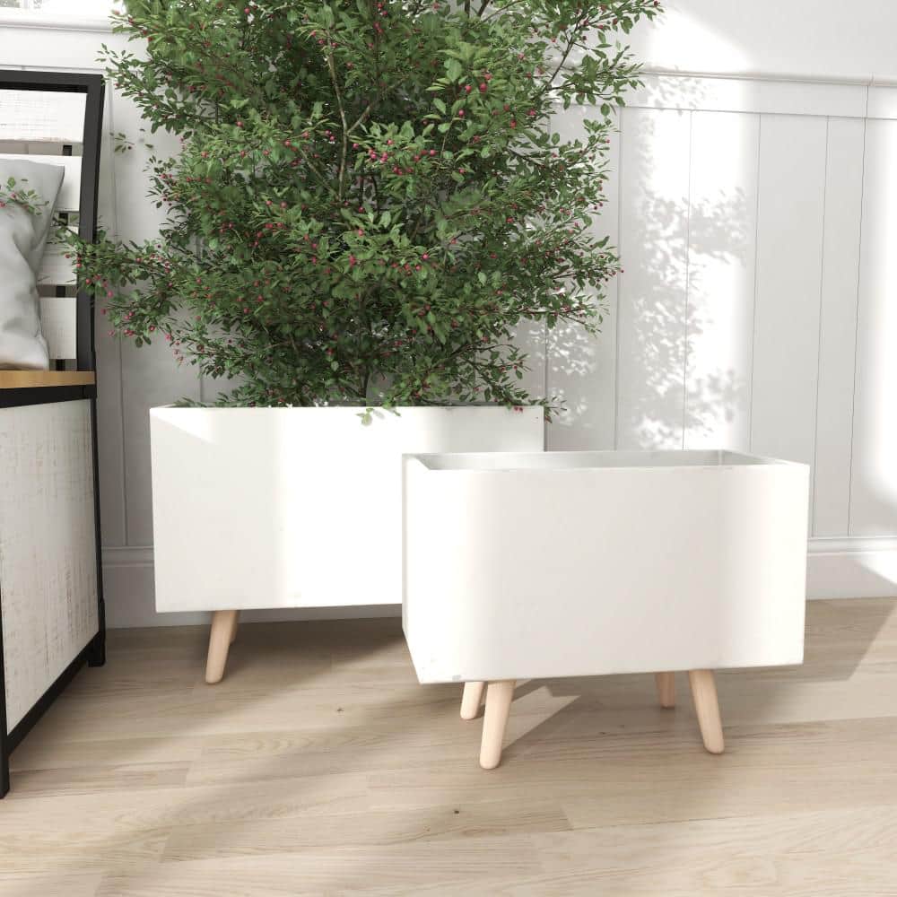 White Fiber Clay Rectangular Planters with Wood Legs, Set of 2